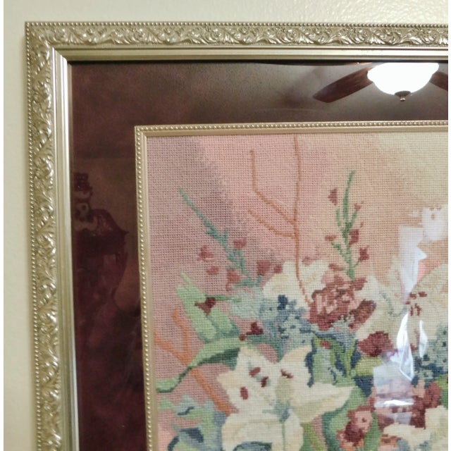 Traditional Large Vintage Silver Leaf Framed Red Velvet Floral Needlepoint Hanging Wall Picture For Sale - Image 3 of 7
