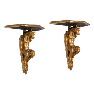 18th Century Gilt Console Tables with Painted Marble Top, Tuscan, Italy, 1730, Set of 2 For Sale
