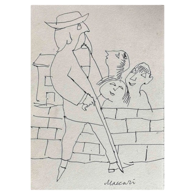 Mino Maccari, Walking Man, Ink Drawing, 1960s For Sale