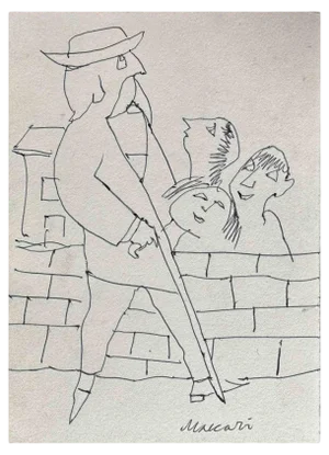 Mino Maccari, Walking Man, Ink Drawing, 1960s