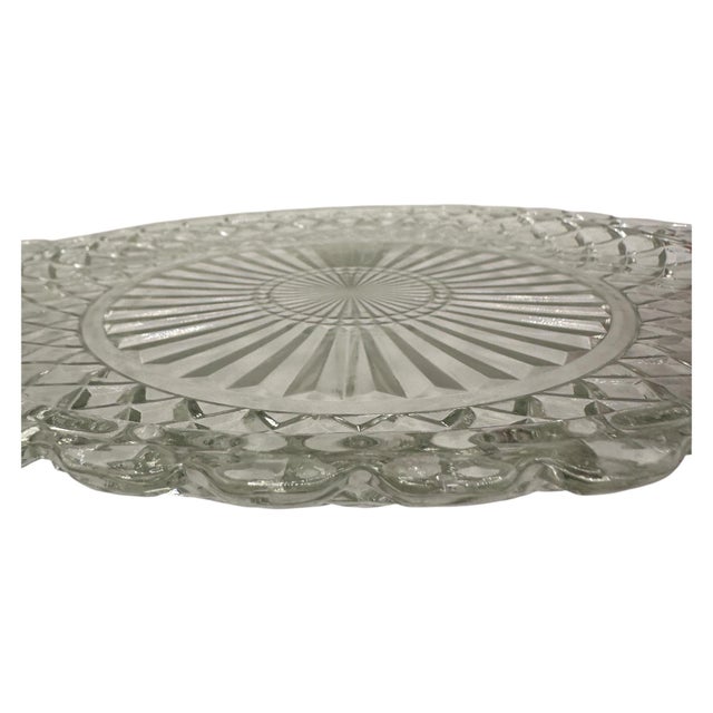 Glass Vintage Clear Pressed Glass Cake Plate With Handles in 'Waterford' Pattern by Anchor Hocking For Sale - Image 7 of 12
