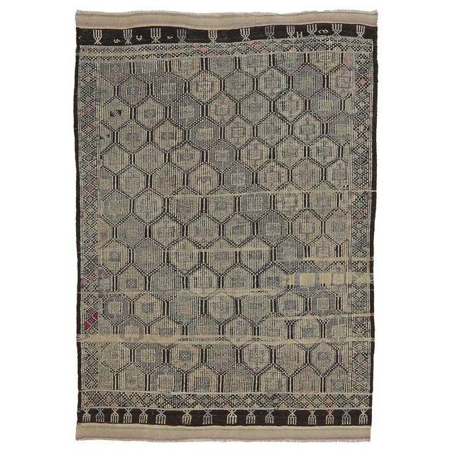 Textile Mid 20th Century Vintage Decorative Embroidered Kilim Rug For Sale - Image 7 of 7