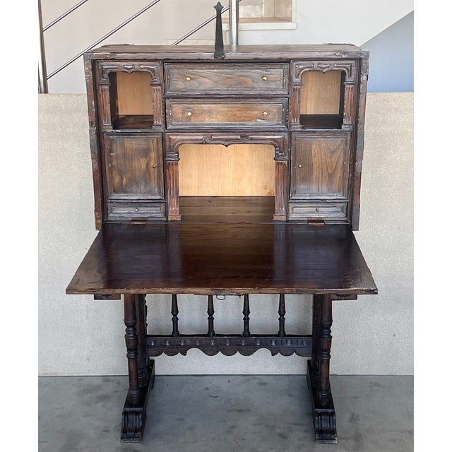 17th Spanish Walnut Cabinet on Stand, Desk, Original ‘Bargueño’ For Sale - Image 4 of 12