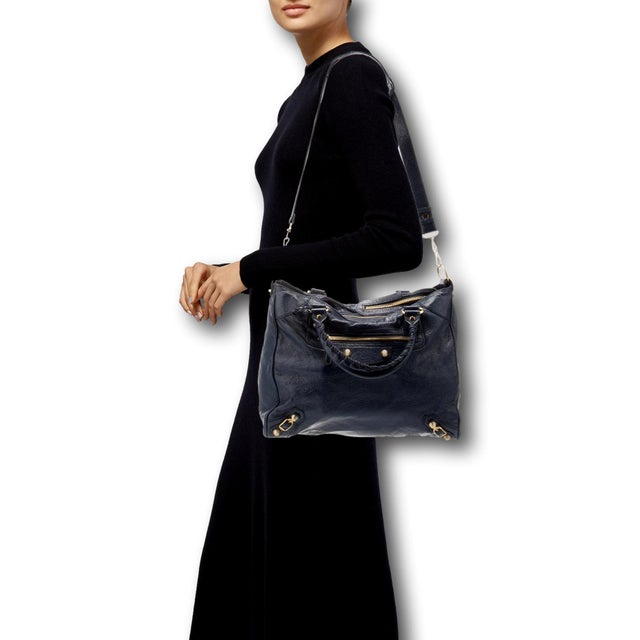 Hollywood Regency Vintage City Balenciaga Moto Giant 12 Velo Bleu Obscur Navy Lambskin Leather Bag For Sale - Image 3 of 15