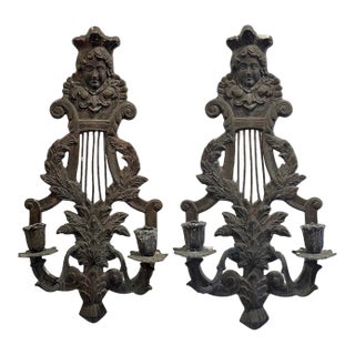 Late 19th Century Pair of Antique French Victorian Bronze Figural Wall Sconces With Original Patina For Sale
