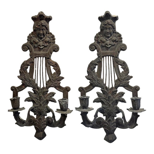 Late 19th Century Pair of Antique French Victorian Bronze Figural Wall Sconces With Original Patina For Sale