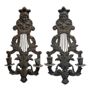Late 19th Century Pair of Antique French Victorian Bronze Figural Wall Sconces With Original Patina