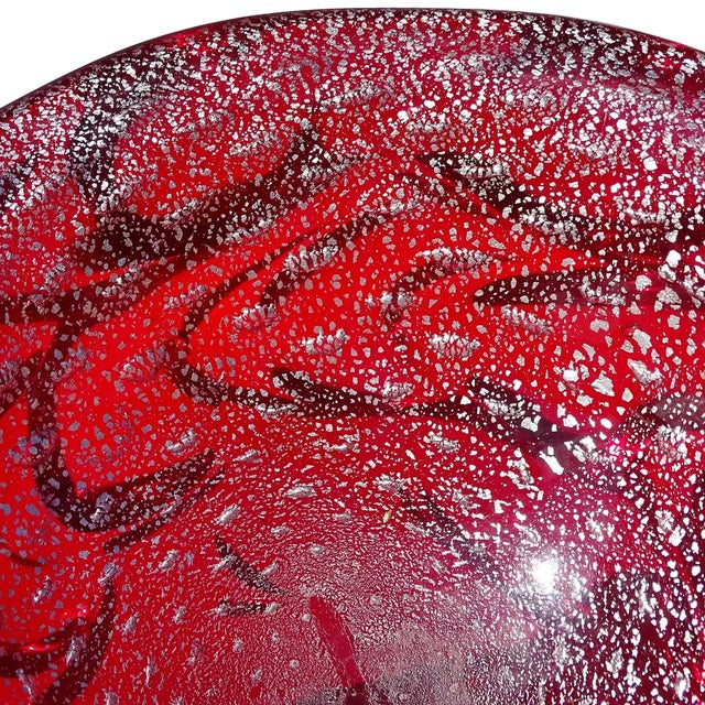 AVeM Italy Murano AVeM Vintage Giulio Radi Red Silver Fleck Bubbles Italian Art Glass Sculptural Surface Bowl For Sale - Image 4 of 6