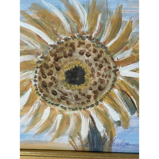 1970s 1970s Abstract Sunflower Painting Artist Signed in Dark Rustic Frame For Sale - Image 5 of 5
