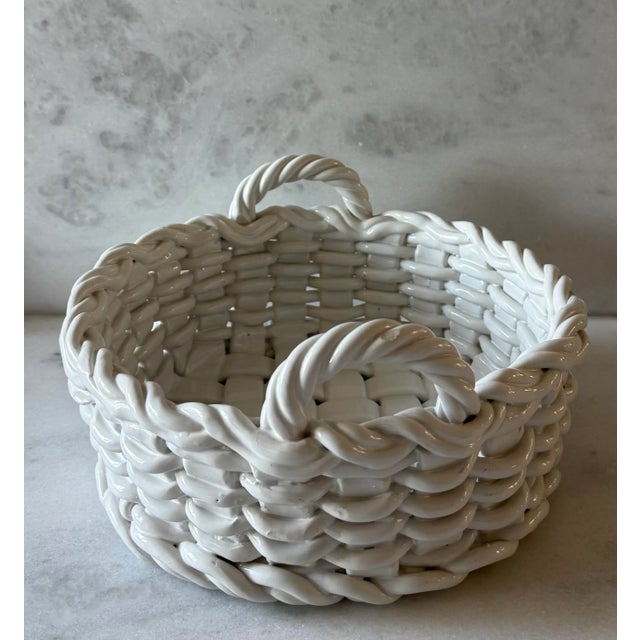 Mid 20th Century Vintage Italian White Woven Ceramic Basket For Sale - Image 5 of 11
