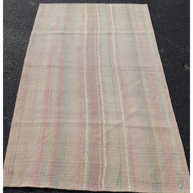 Measures: 3'1 x 5'5 Vintage Turkish Kilim Rug with Soft Pastel Stripes in Sand, Sage, and Blue. Keivan Woven Arts /...