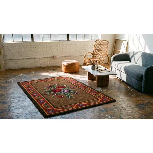 Significant Brown Chocolate Color With Special Floral Design Antique American Hooked Rug For Sale - Image 15 of 15