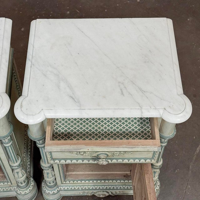 Pair 19th Century French Louis XVI Painted Nightstands With Carrara Marble For Sale - Image 17 of 18