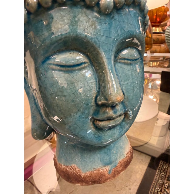 Tribal Blue Crackle Glaze Pottery Thai Buddha Sculpture For Sale - Image 3 of 8