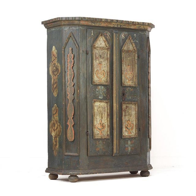 Antique Rustic Farmhouse Folk Art Painted Bridal Cabinet, 1882 For Sale - Image 18 of 18