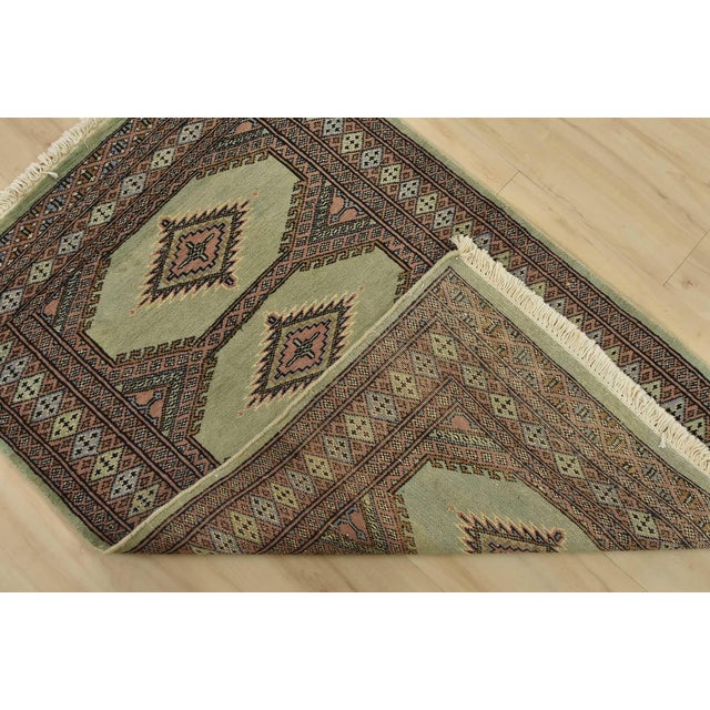 Green Bokhara Jaldar Rug 2’6” X 3’10” Green Wool Tribal Hand-Knotted Carpet For Sale - Image 8 of 9