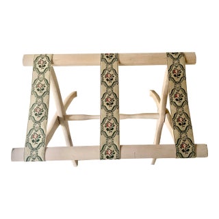 Vintage Folding Luggage Rack With Floral Tapestry Straps Scheibe Excellent Condition. For Sale