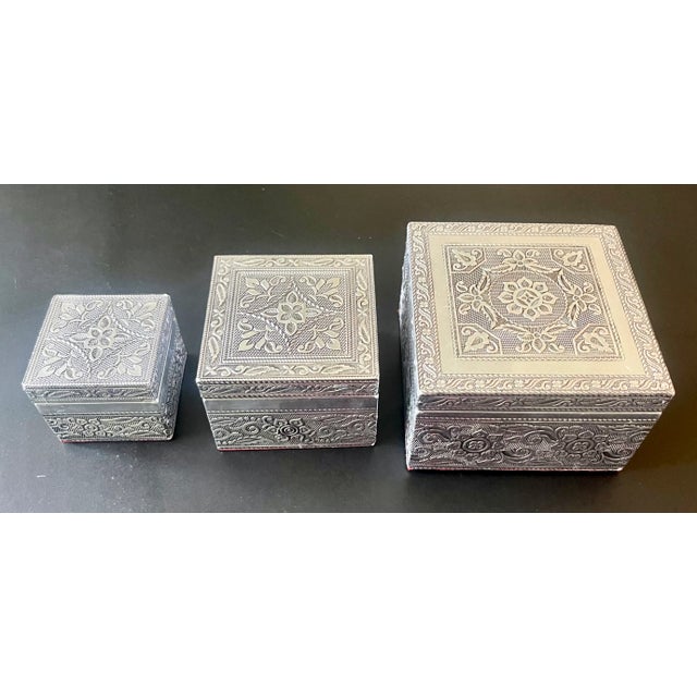 Artisan Crafted Repoussé Silver Velvet Lined Boxes, Set of Three For Sale - Image 4 of 8