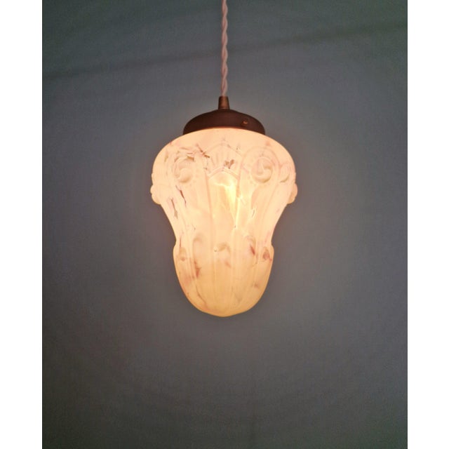 Copper Art Deco Pendant Light in Speckled White and Purple Glass, 1920s For Sale - Image 8 of 12
