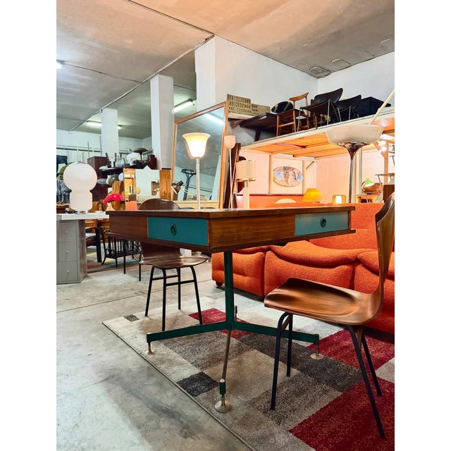 Blue Center Desk with Four Drawers and Two-Tone Top, 1960s For Sale - Image 8 of 9