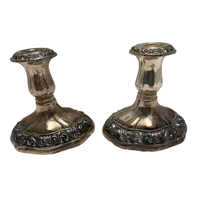 Vintage Pair of Etched Silver Plated Candleholders, Set of Two For Sale
