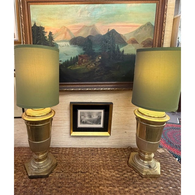 Brass Mid Century Brass Urn Lamps With Green Shades For Sale - Image 8 of 9