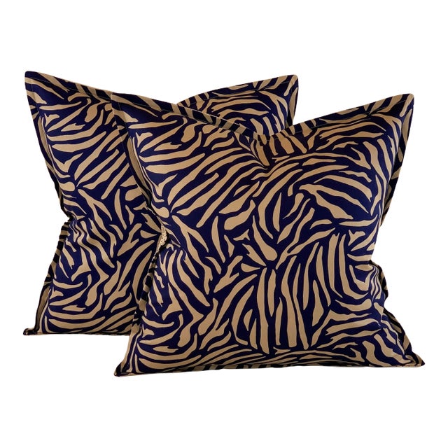 Designer Vicki Payne Free Spirit Navy Blue & Taupe Brown Zebra Animal Print Pillow Covers- a Pair For Sale