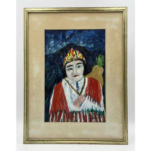 Moroccan 1970s Mohamed Hamri Moroccan Modernist Portrait of Woman, Oil & Gouache Painting For Sale - Image 3 of 18