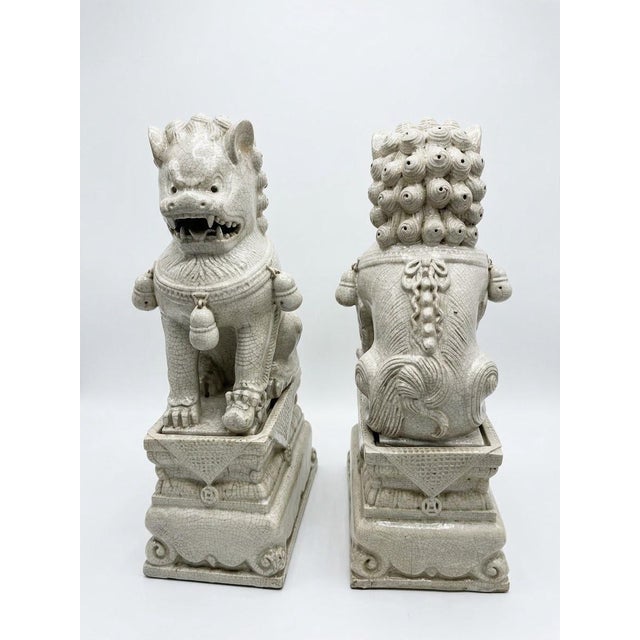 Chinoiserie Vintage Crackle-Glazed Ceramic Foo Dog Guardian Statues For Sale - Image 3 of 12
