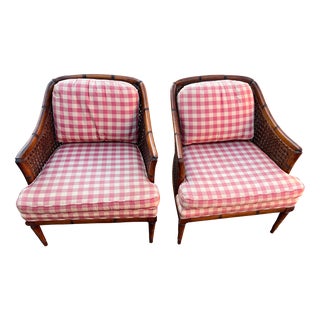 Mid 20th Century Pair of Faux Bamboo Double Wicker Arm Club Chairs For Sale