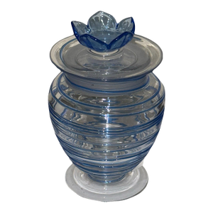 Steuben Covered Jar With Applied Cobalt Threading and Blue Flower Finial, Carder Period (1903–1932)