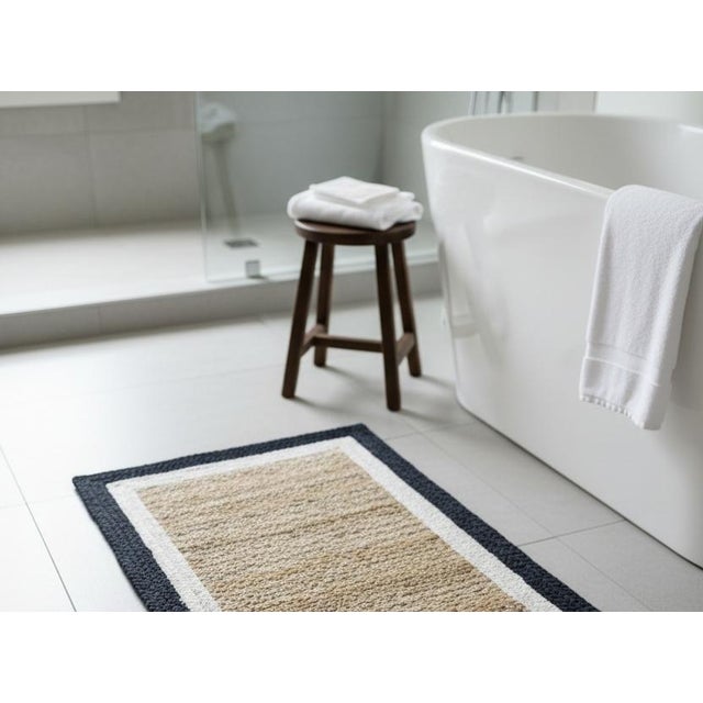 Contemporary Handwoven Natural Jute Bath Rug With Black & Ivory Border For Sale - Image 3 of 7