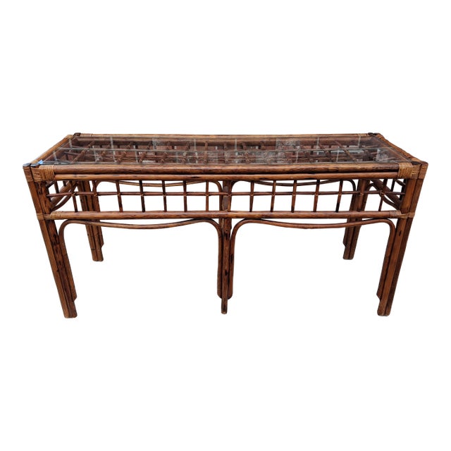 Large Mid Century Boho Chic Rattan Console Table With Glass Top. For Sale
