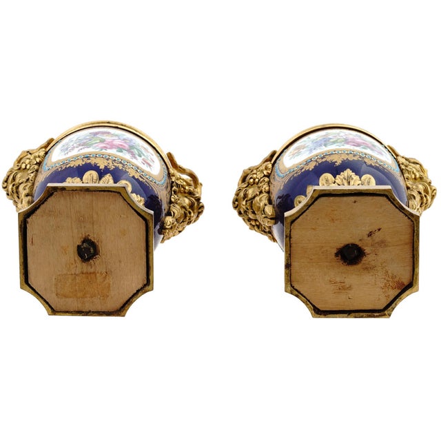 Manufacture de Sevres 1880s French Sevres Style Blue Ormolu Porcelain Urns-Pair For Sale - Image 4 of 13