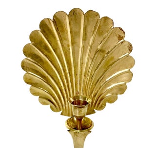 1960s Vintage Coastal Hollywood Regency Boho Chic Brass Fan Shell Candle Holder Wall Sconce For Sale