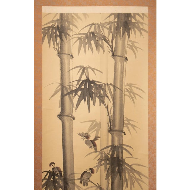 Japanese Showa Era Japanese Monochrome Watercolor Scroll Painting, "Bamboo Trees and Sparrows" For Sale - Image 3 of 12