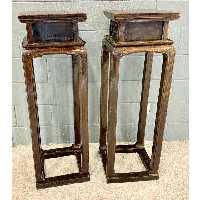 Chinese Antique Chinese Elmwood Pedestal Stands-a Pair of 2 For Sale - Image 3 of 7
