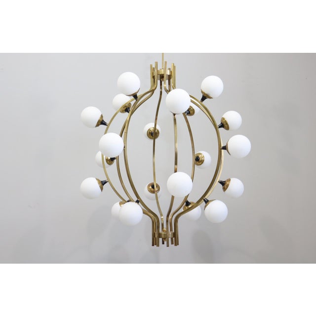Large 20-Light Chandelier in Brass and Opal Spheres in the style of Stilnovo, 1988 For Sale - Image 9 of 13