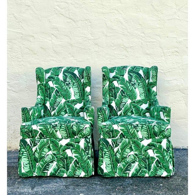Vintage Coastal Palm Frond Skirted Wingback Chairs - a Pair For Sale - Image 13 of 18