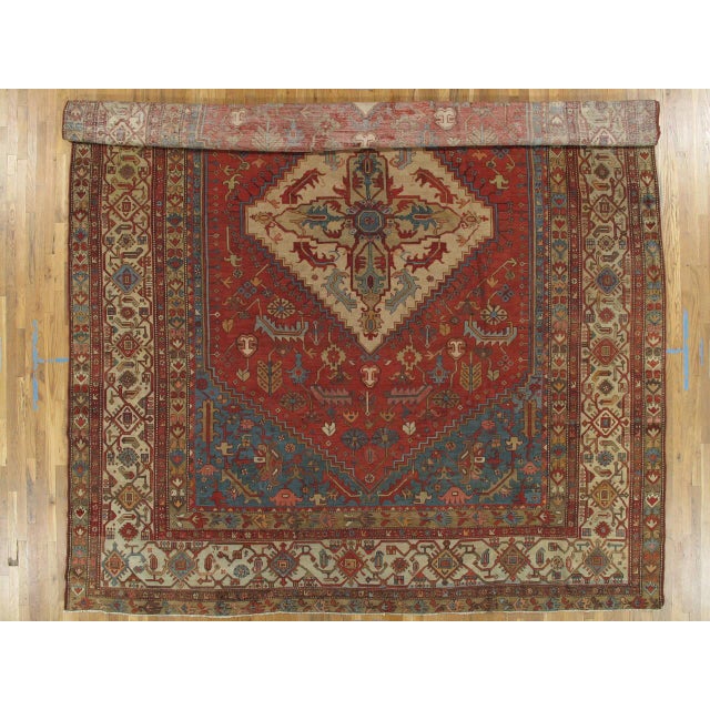 Late 19th Century Antique Persian Serapi Carpet, Handmade Wool Oriental Rug, Rust, Ivory, Lt Blue For Sale - Image 5 of 16