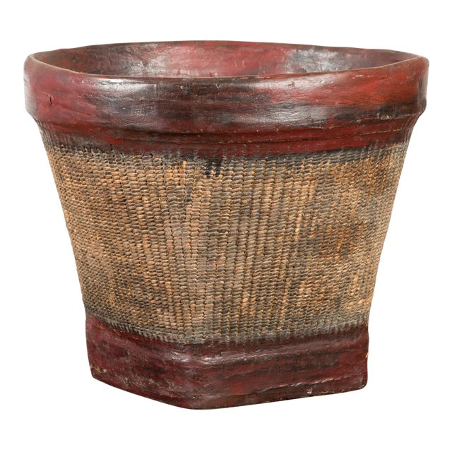 Thai 19th Century Rustic Hand-Woven Rattan Rice Basket with Red Rim For Sale - Image 11 of 11