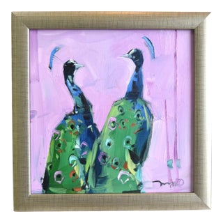 Proud Peacock's Oil Painting Artist Signed Including the Antiqued Silver Wood Frame For Sale