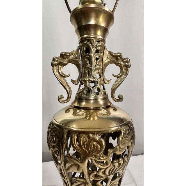 Vintage James Mont Style Reticulated Brass Table Lamp With Bamboo Cherry Blossom and Crane With Black Shade For Sale - Image 10 of 11