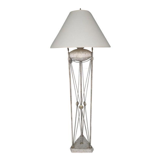 Vintage Maitland Smith Neoclassical Travertine Stone Floor Lamp With Lamp Shade For Sale