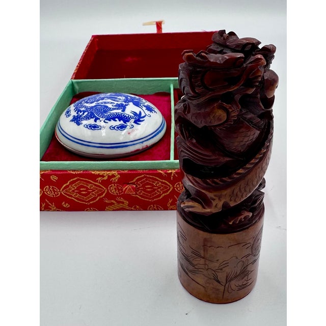 1930s Vintage Chinese Dragon Hand Carved Soapstone Shop Seal & Red Ink Pot Set For Sale - Image 5 of 12