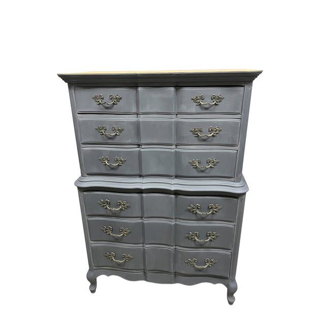 Vintage Tall 6 Drawer Dresser Painted Deep Gray French Hardware Natural Wood Top For Sale - Image 9 of 12