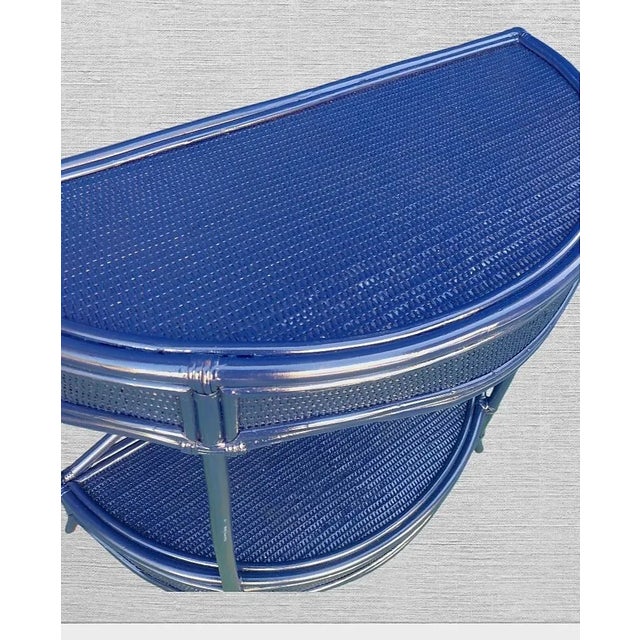 Serena & Lily Vintage Navy Blue Weaved Wicker Bamboo Coastal Demi Lune Console Table For Sale - Image 4 of 6