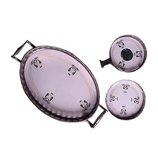 Antique Chrome and Porcelain Teapot Warmer, Serving Tray, and Stand, Set of 3 For Sale