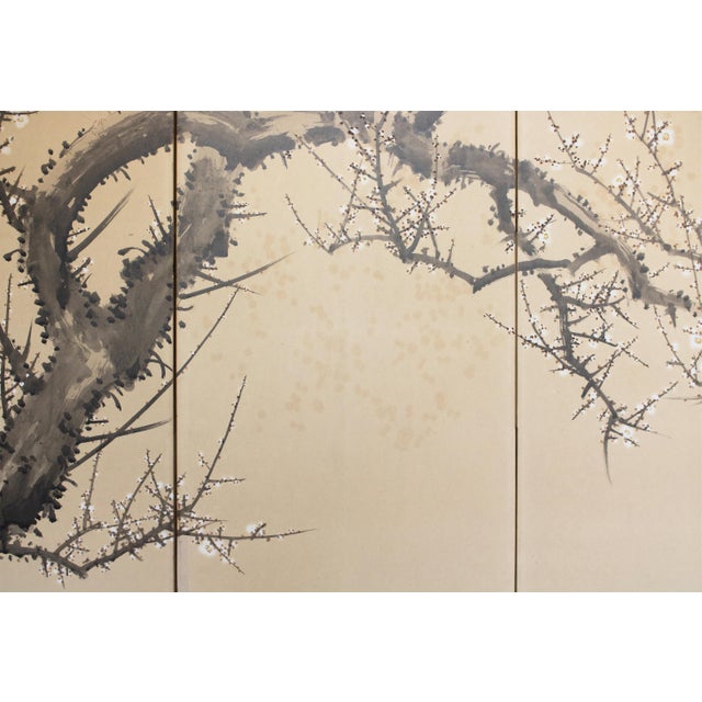 Tan Large Taisho Japanese Byobu Screen "Sparrow and the Plum Tree" by Ryosetsu Kobe For Sale - Image 8 of 18