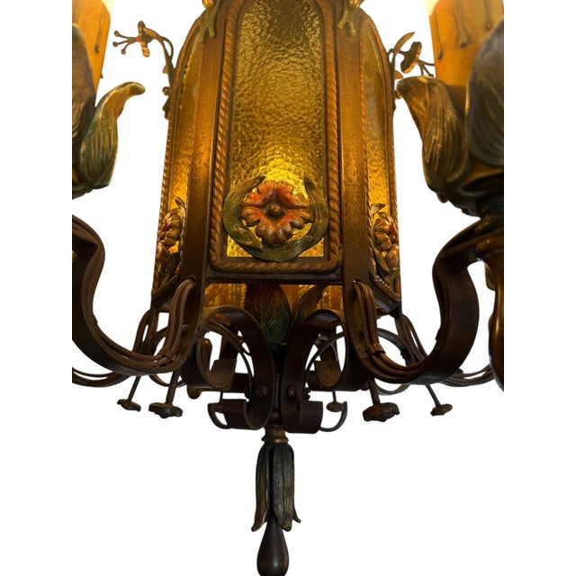 Printmaking Materials Early 1900’s Original Polychrome Painted Chandelier With Flowers and Amber Glass For Sale - Image 7 of 14